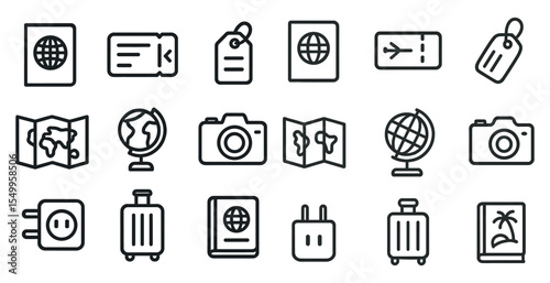 Travel and tourism outline icons set – linear, map, globe and passport symbols