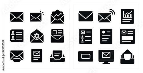 Email communication solid icons set – flat, filled, messaging and mail symbols