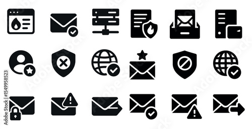 Email and security solid icons set – encrypted, data protection symbols