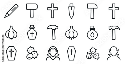 Vampire hunting outline icons set – line art, gothic, supernatural tools collection