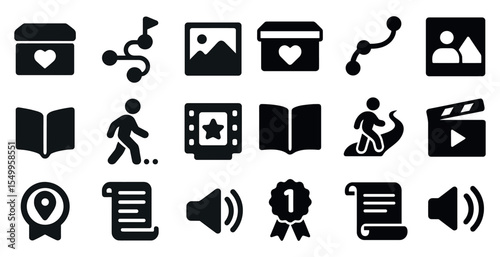 Multimedia solid icons set – filled, digital, media and entertainment symbols