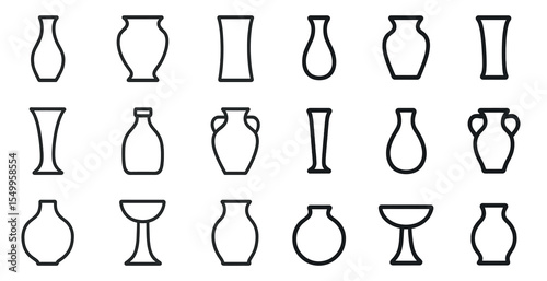 Ceramic vases outline icons set – linear, silhouette, pottery and home decor symbols