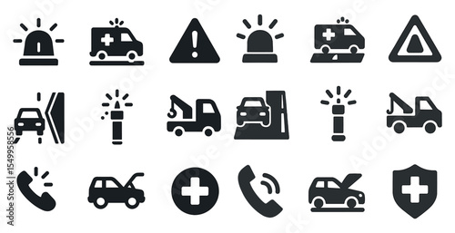 Emergency and safety solid icons set – filled, rescue, warning and alert symbols