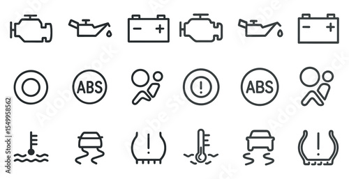 Automotive dashboard outline icons set – linear, symbols, safety and warning signs