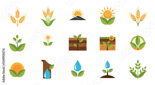 Diverse Flat Design Icon Set Illustrating Agriculture, Growth, Harvest, Water, and Sun