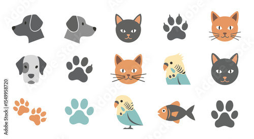 A Charming Collection of Flat Design Pet Animal Faces and Colorful Paw Print Icons