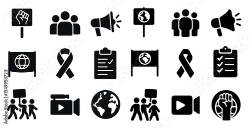 Activism and protest flat icons set – solid, filled, advocacy and demonstration graphics