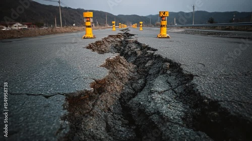 Road damaged by earthquake with crack in asphalt and safety cones on roadway