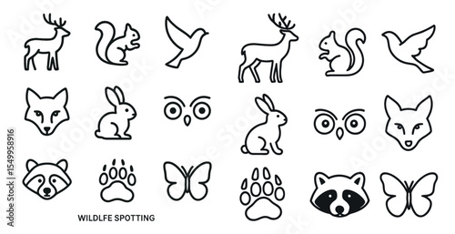 Wildlife and nature icons set – outline, silhouette, animal and habitat symbols