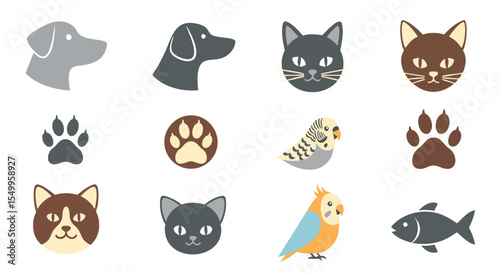 Diverse Flat Vector Pet Icon Collection Featuring Dogs, Cats, Birds, Fish, And Paw Prints