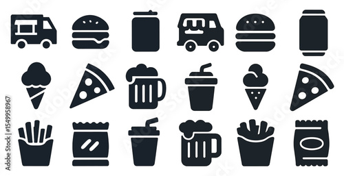 Food and beverage solid icons set – flat, filled, dining and cafe symbols