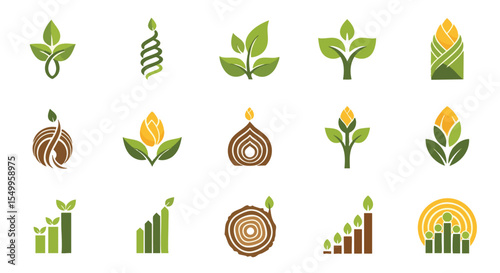 Abstract Vector Collection of Green Plant Growth Logos Symbolizing Nature, Sustainability, and Business Progress