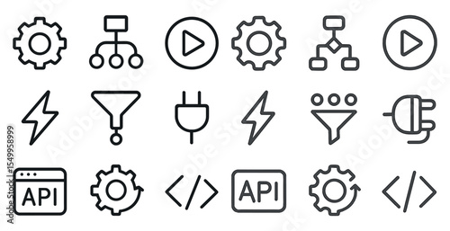 Technology and development line icons set – coding, programming, and digital tools