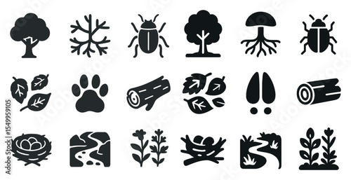 Nature and wildlife icons set – silhouette, solid, flora and fauna symbols