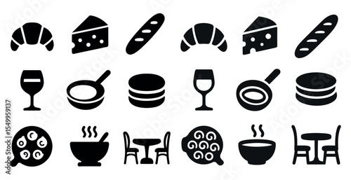 French cuisine solid icons set – silhouette, filled, culinary and dining symbols