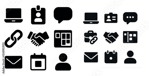 Business communication solid icons set – silhouette, filled, office and networking symbols