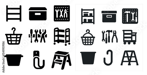 Home organization solid icons set – tool, storage, basket and container symbols