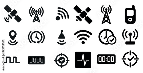 Communication and technology solid icons set – filled, wireless, digital symbols