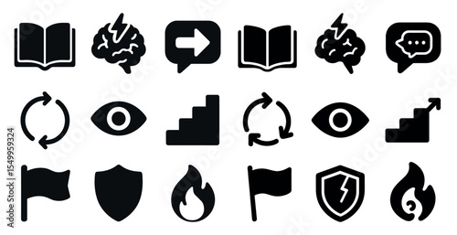 Education and communication solid icons set – filled, learning, conversation symbols
