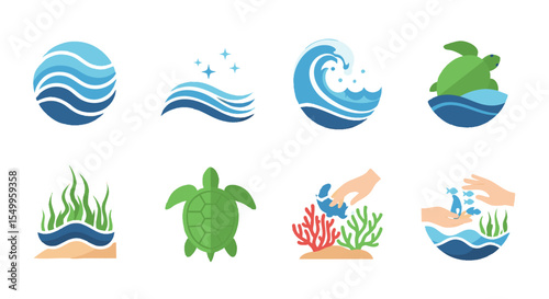 Illustrative Flat Design Vector Icons Representing Ocean Waves, Turtles, And Marine Conservation Concepts