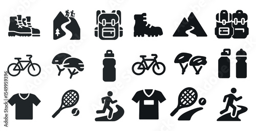 Outdoor and hiking solid icons set – silhouette, adventure, exploration symbols