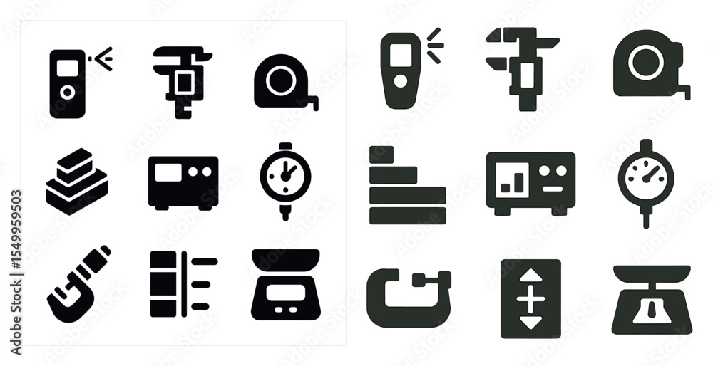 Obraz premium Measuring tools solid icons set – filled, tech and precision instrument symbols