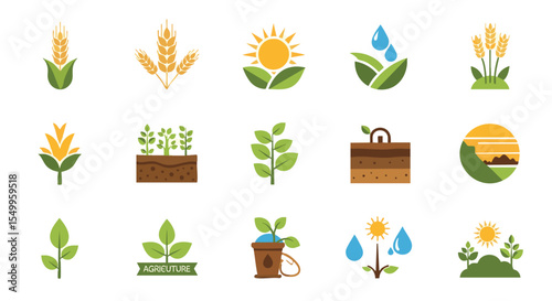 Essential Flat Design Icons Collection Representing Agriculture, Nature, Growth, and Sustainable Farming Concepts