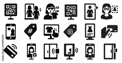 Augmented reality solid icons set – silhouette, digital, tech interaction symbols