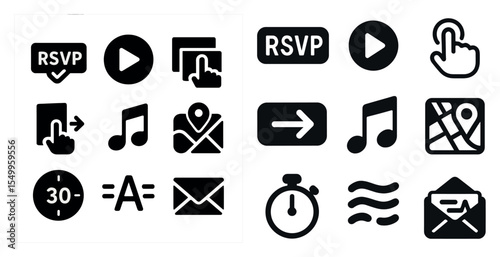 Event and communication solid icons set – filled, rsvp, navigation symbols