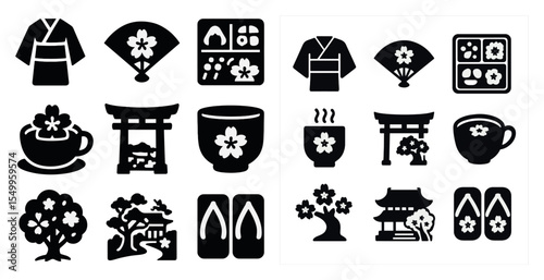 Japanese culture solid icons set – filled, silhouette, traditional symbols