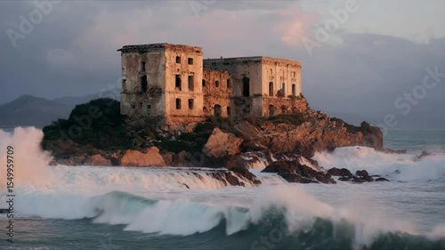 Dramatic sea waves crashing against the ruins of an old building on a rocky coastline