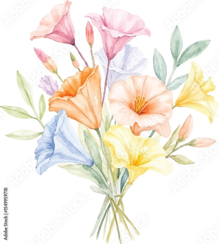 Delicate watercolor bouquet of bell flowers in pastel hues with green leaves isolated on transparent background