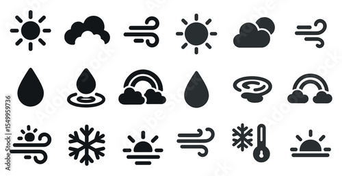 Weather and climate solid icons set – silhouette, filled, meteorology signs