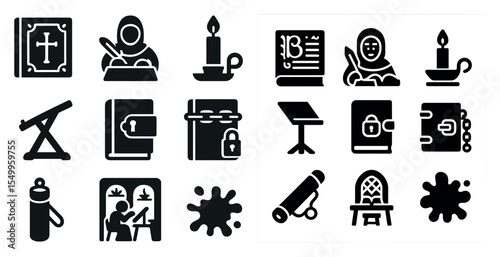 Medieval education solid icons set – learning, literacy, historical school symbols