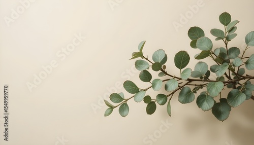 Minimalistic green eucalyptus leaves branch, on a light beige background