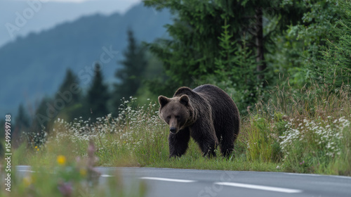 A brown bear spotted roadside in Vrancea, Romania, during 2024