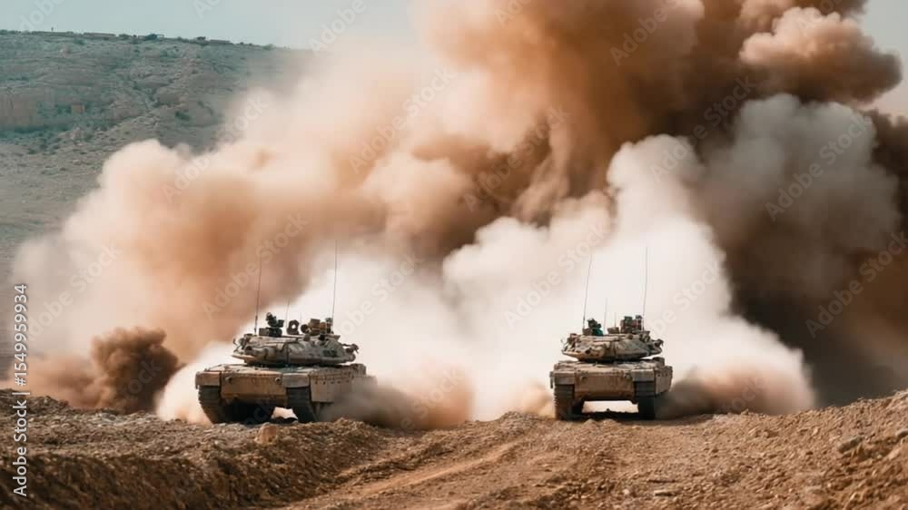 Armored Forces Maneuver in Desert Terrain: Intense Military Training Exercise Armored Forces Maneuver in Desert Terrain: Intense Military Training Exercise