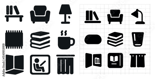 Home and living solid icons set – furniture, decor, interior design symbols