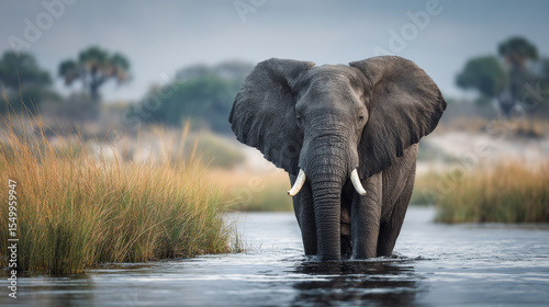 Close-range view of a bull elephant from a boat, displaying assertive behavior along the Chobe River between Botswana and Namibia during the lush season
