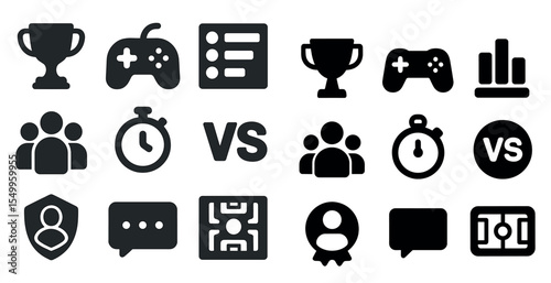 Sports competition solid icons set – gaming, tournament, and athletic symbols