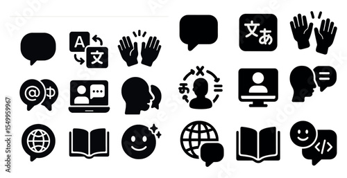 Language and communication icons set – solid, filled, translation and conversation graphics