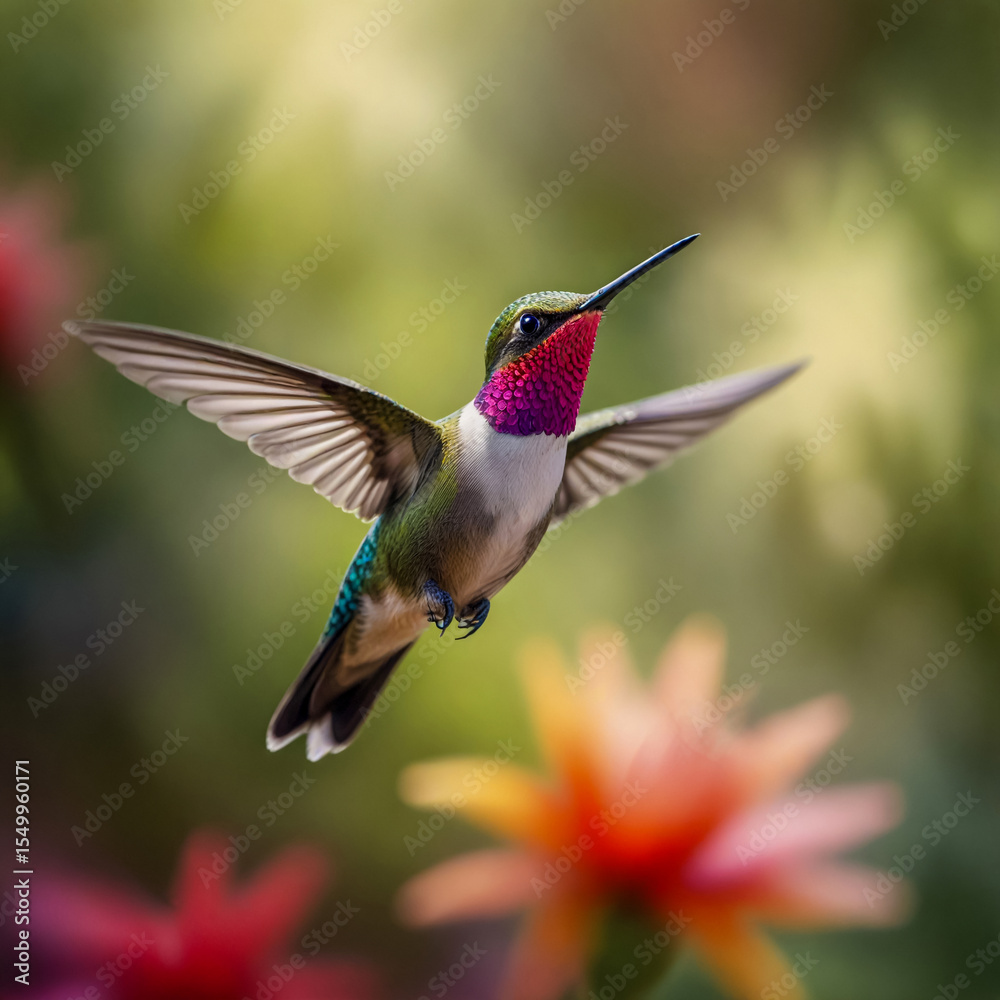 Fototapeta premium Watercolor A vivid photorealistic image of a Violet-crowned Hummingbird feeding from a vibrant fuchsia-colored flower in a southwestern garden. Its striking violet crown and iridescent feathers shine 