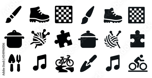 Hobby and leisure solid icons set – silhouette, filled, pastime and activity symbols