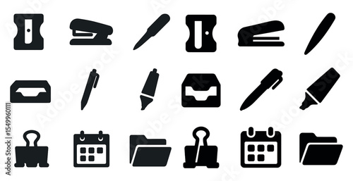 Office supplies solid icons set – essentials, tools, silhouette symbols