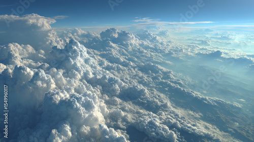 Morning aerial view of the sky with vast white clouds stretching across a soft backdrop as seen from a plane