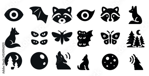 Wildlife and nature silhouette icons set – filled, animal and forest symbols
