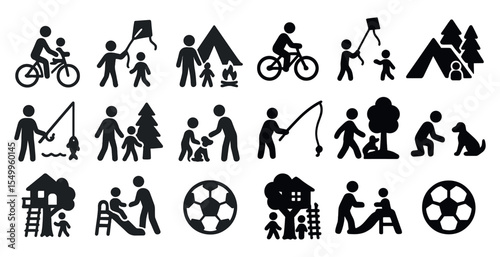 Family activities silhouette icons set – solid, filled, leisure and recreation symbols