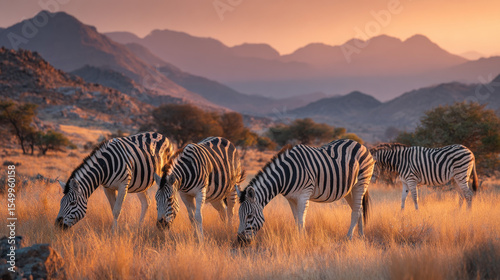 Plains zebras (Equus burchelli) grazing on grasslands at dawn in Mokala National Park, South Africa