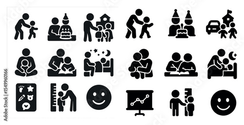 Parenting and childcare solid icons set – filled, family, education symbols