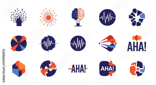 Collection Of Abstract Blue And Orange Icons Representing Idea, Innovation, Brainstorming, And Eureka Moments